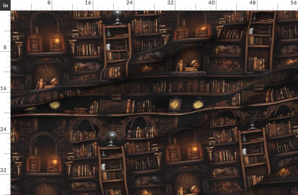 Spooky Photo realistic Dark Academia Stampunk Bookshelves in Muted Fabric design