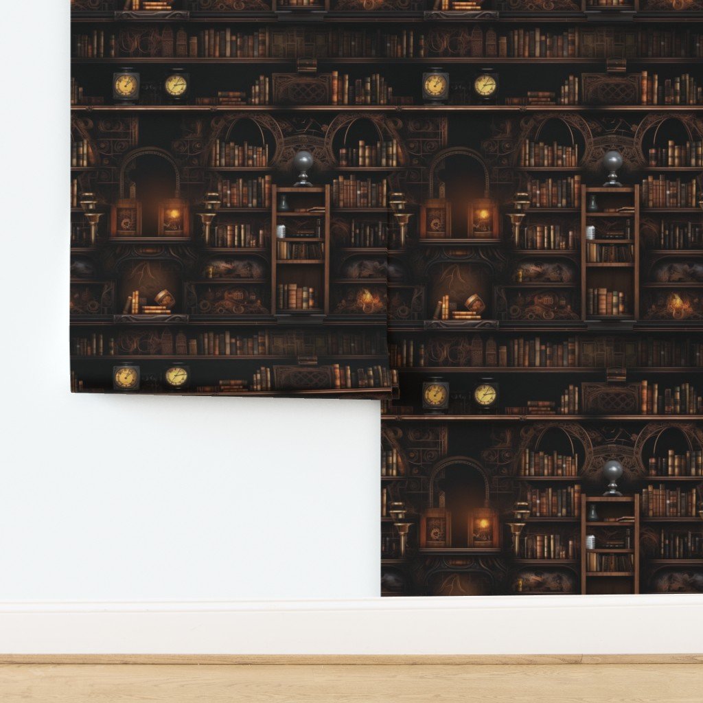 Spooky Photo realistic Dark Academia Stampunk Bookshelves in Muted Wallpaper design
