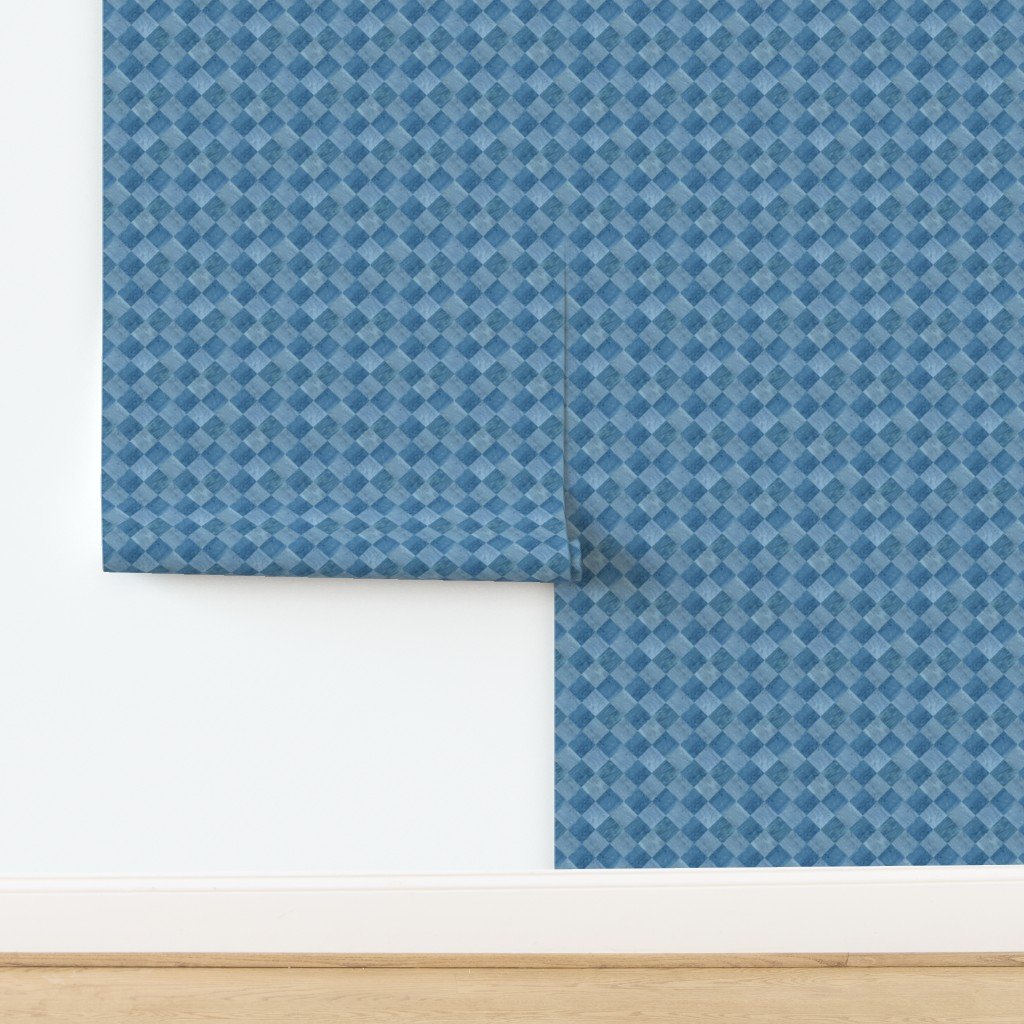 2 inch Diagonal Light and Dark Blue Stained Wood Checkerboard Chess Wallpaper design