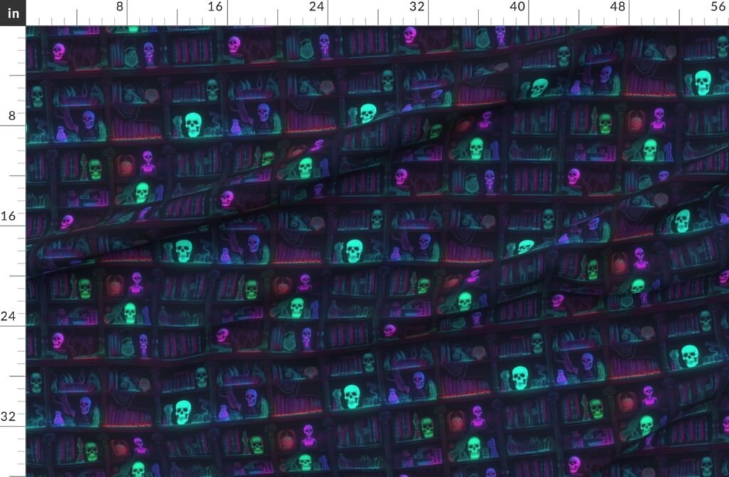 Small Spooky Photo realistic Dark Academia Bookshelves in Bright Fabric design