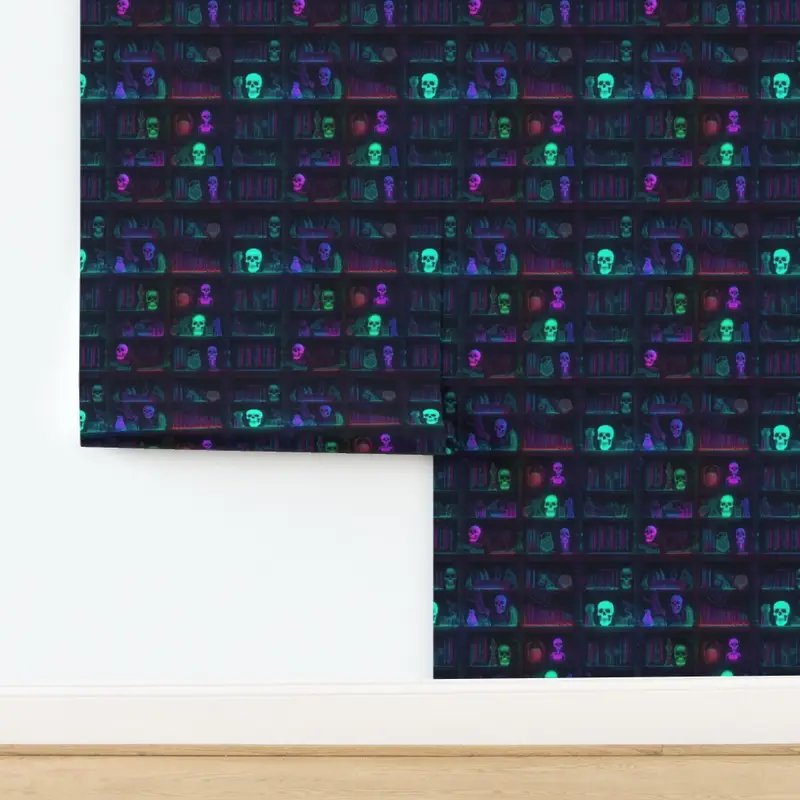 Small Spooky Photo realistic Dark Academia Bookshelves in Bright Wallpaper design