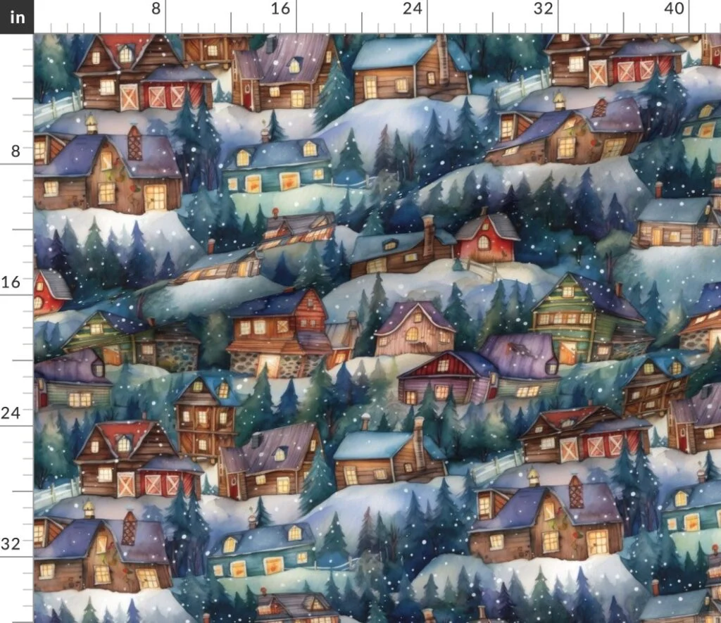 Large Christmas Rustic Country Winter Cabins Watercolor Fabric design