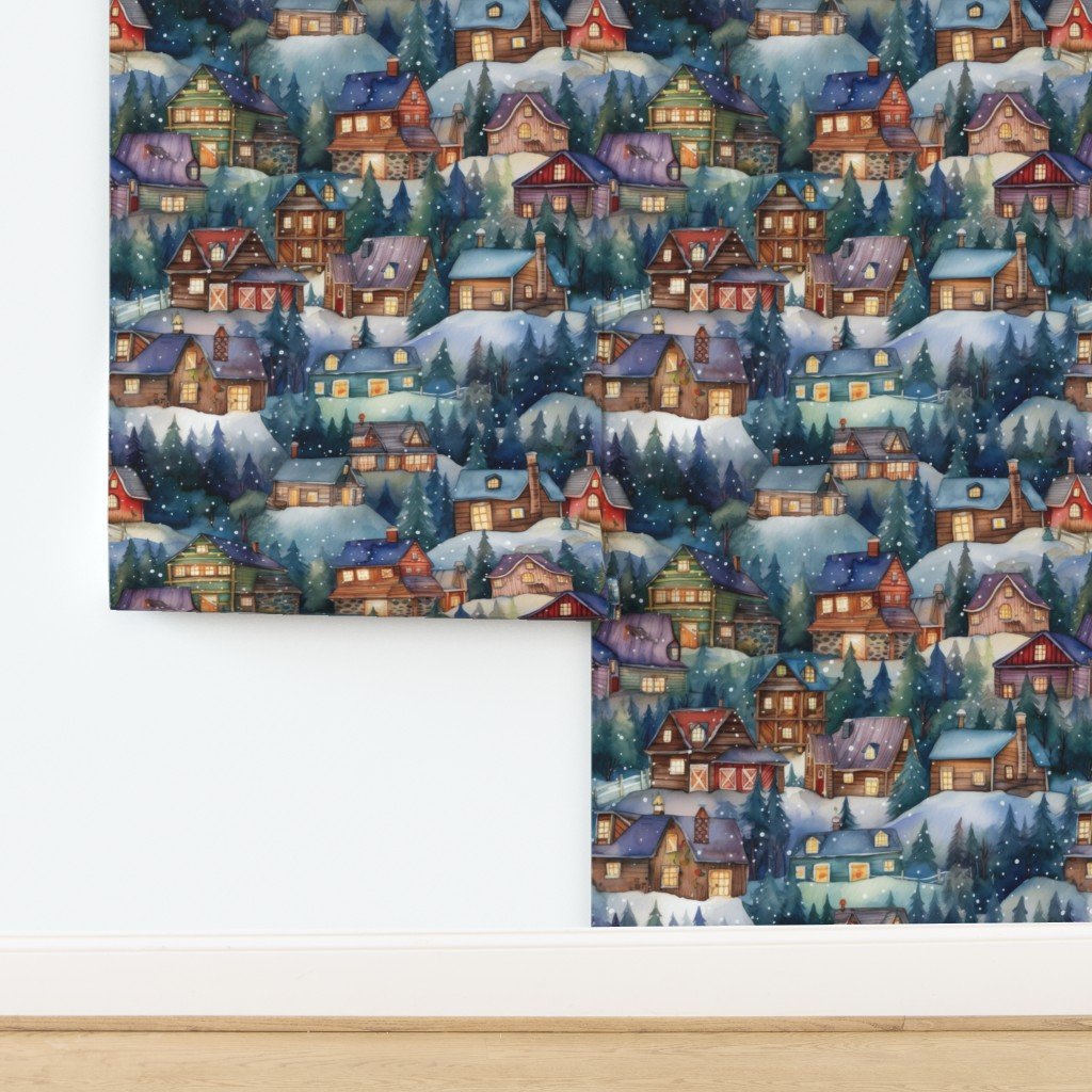 Large Christmas Rustic Country Winter Cabins Watercolor Wallpaper design