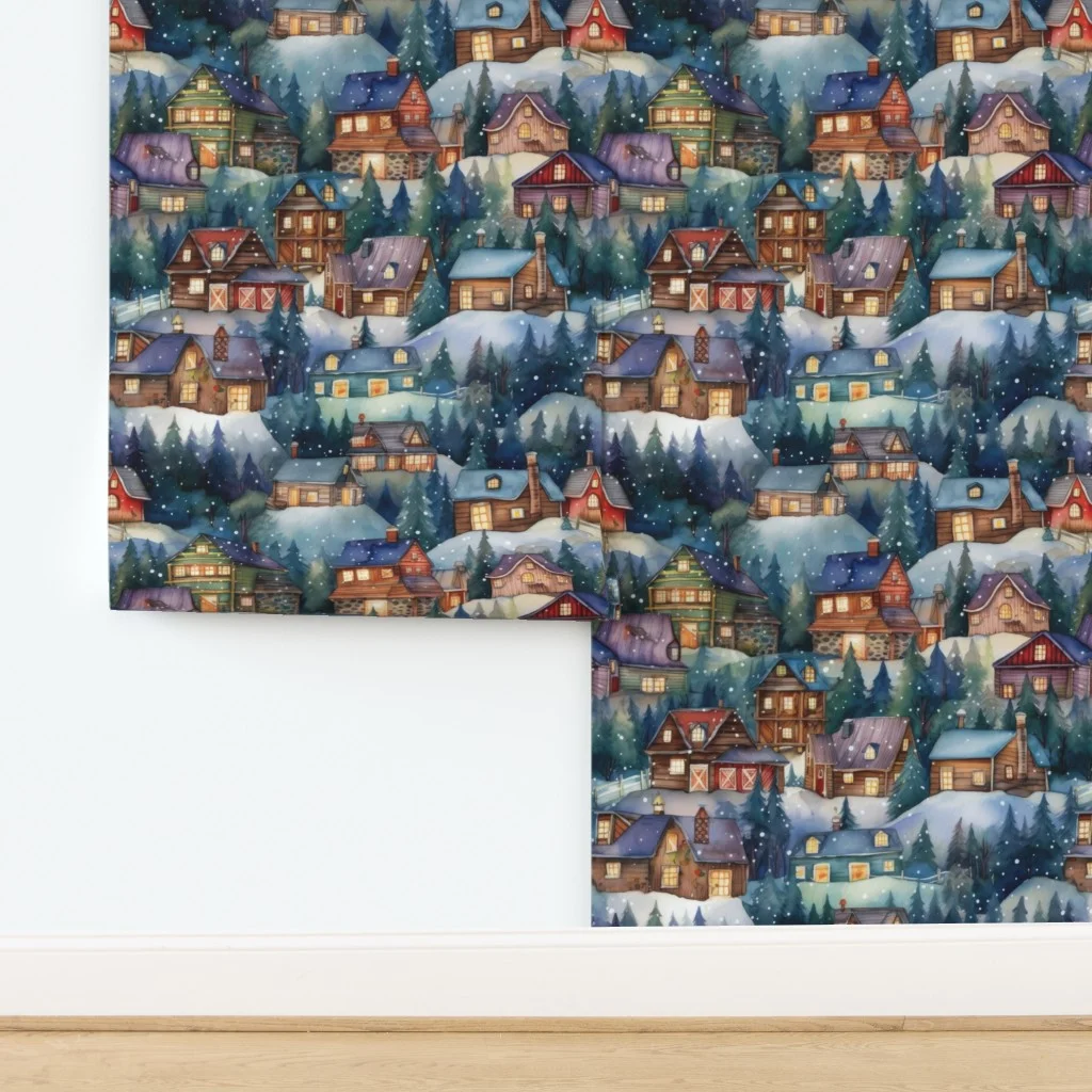 Large Christmas Rustic Country Winter Cabins Watercolor Wallpaper design