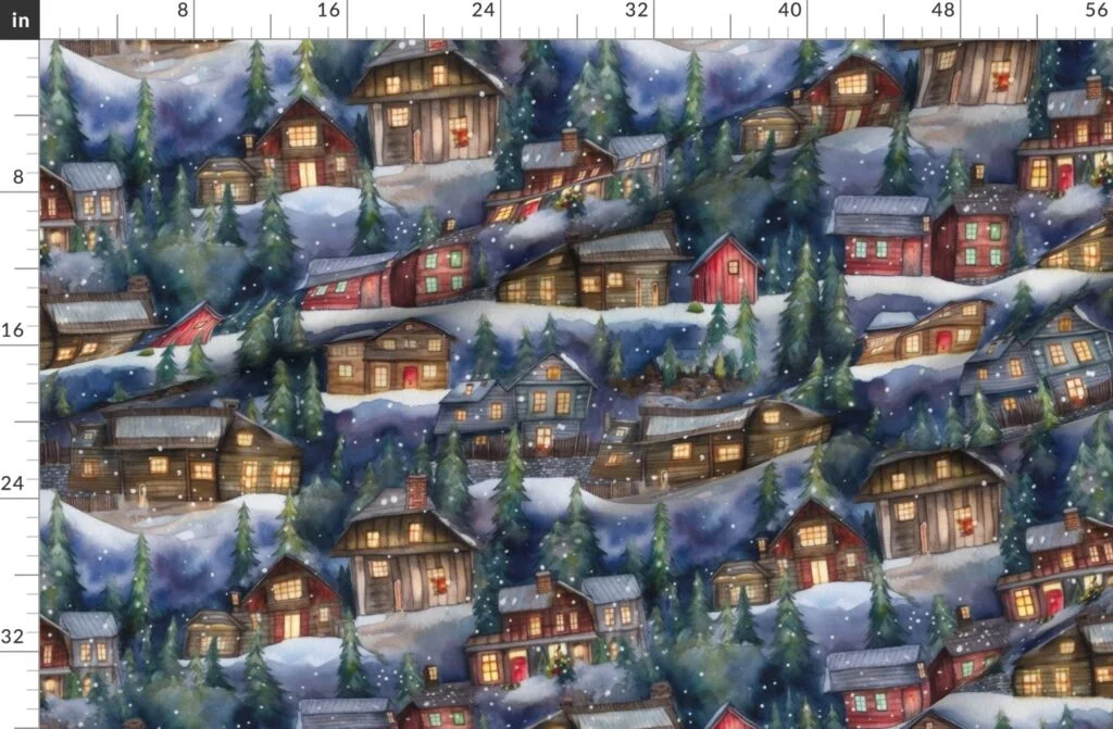 Large Christmas Christmas Rustic Village Winter Cabins Watercolor Fabric design