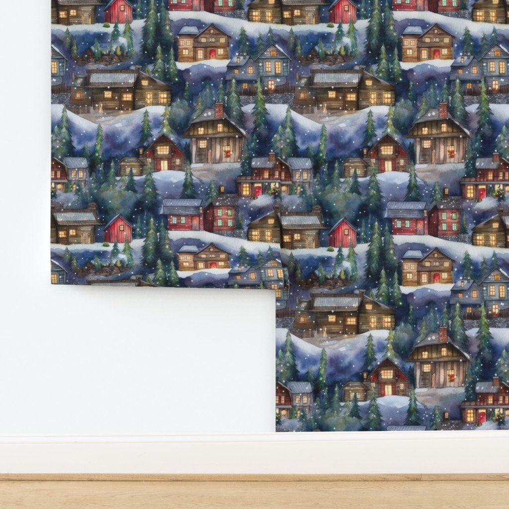 Large Christmas Christmas Rustic Village Winter Cabins Watercolor Wallpaper design