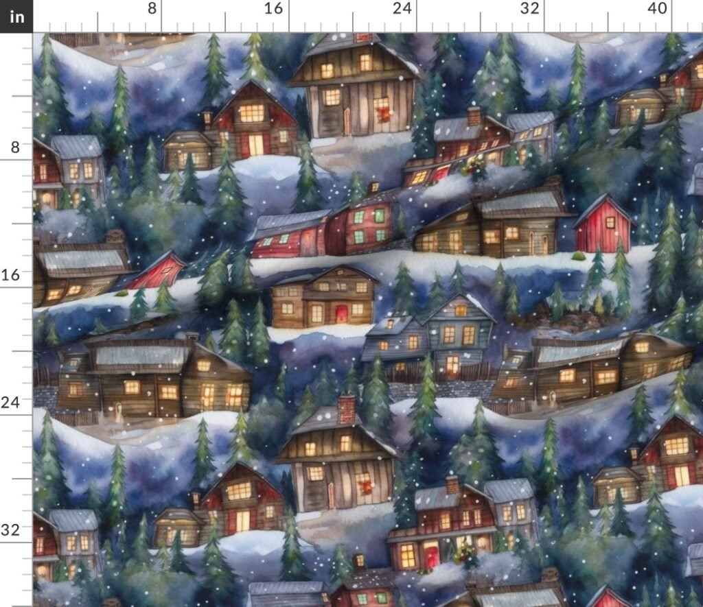 Large Christmas Christmas Rustic Village Winter Cabins Watercolor Fabric design