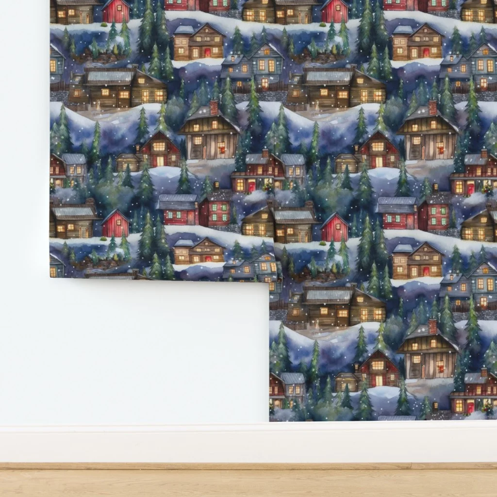 Large Christmas Christmas Rustic Village Winter Cabins Watercolor Wallpaper design