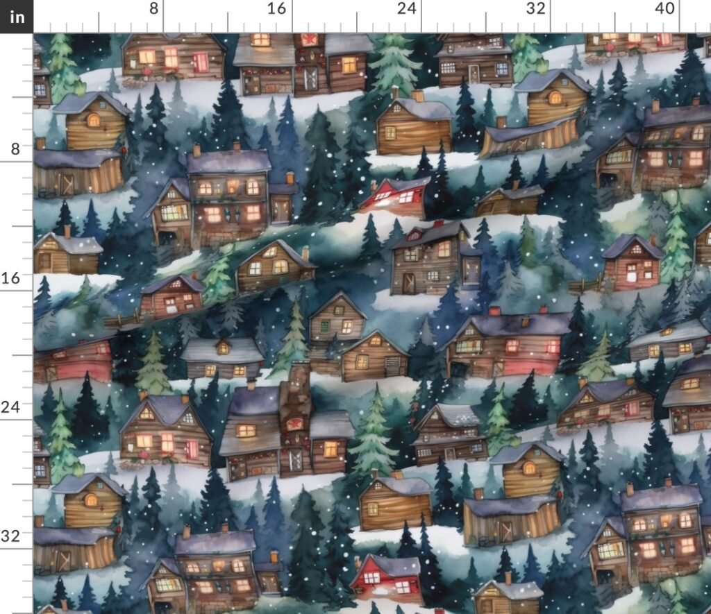 Large Christmas Christmas Rustic Winter Mountainside Cabins Fabric design