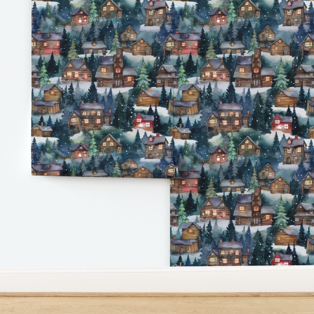 Large Christmas Christmas Rustic Winter Mountainside Cabins Wallpaper design