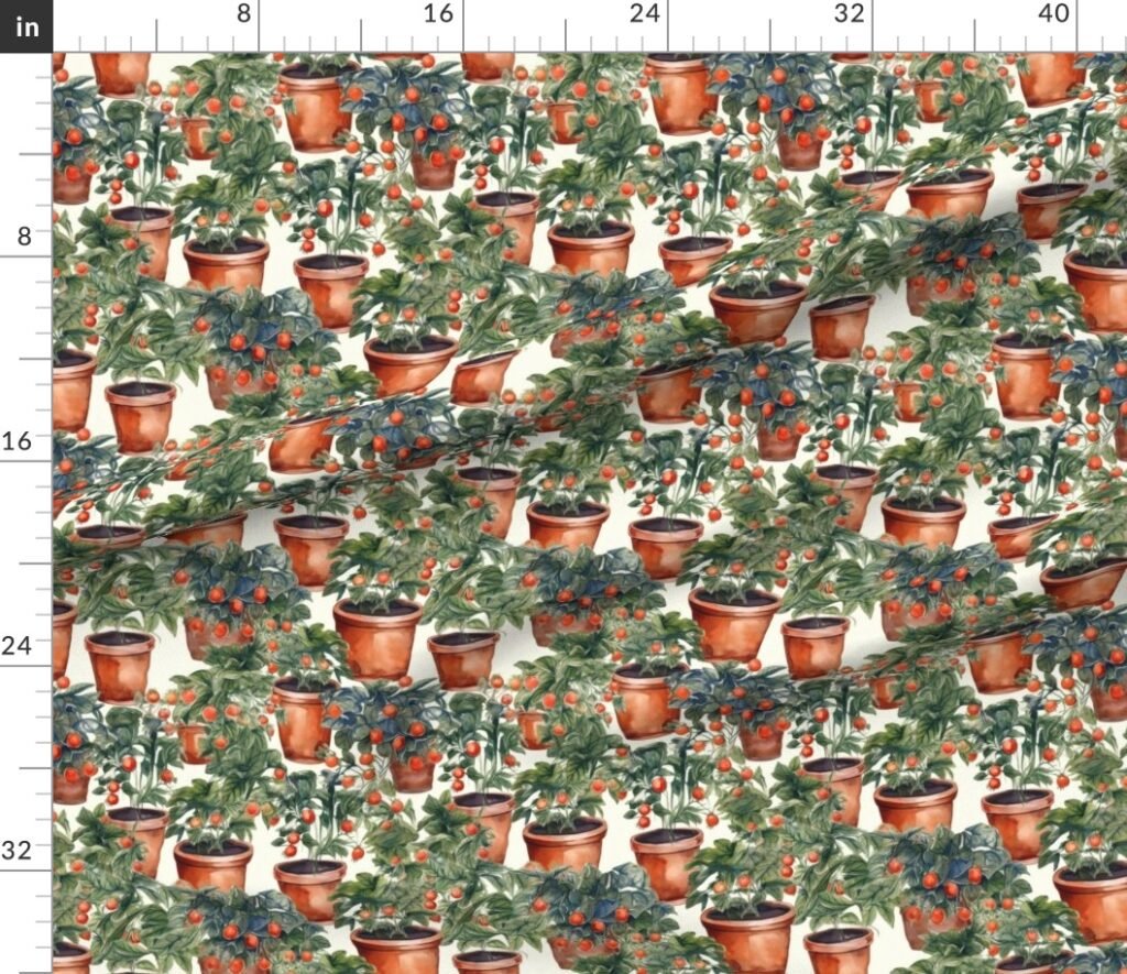 Potted Tomato Plants Watercolor Fabric design