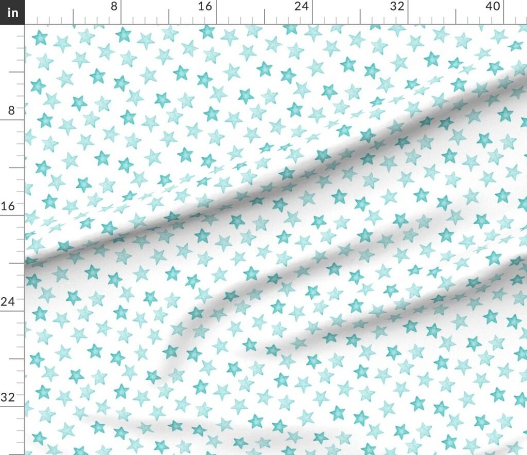 Faded Aqua Christmas Stars on White Fabric design
