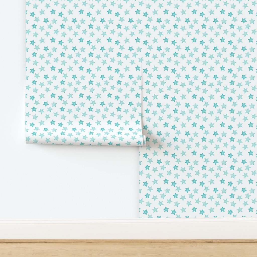 Faded Aqua Christmas Stars on White Wallpaper design