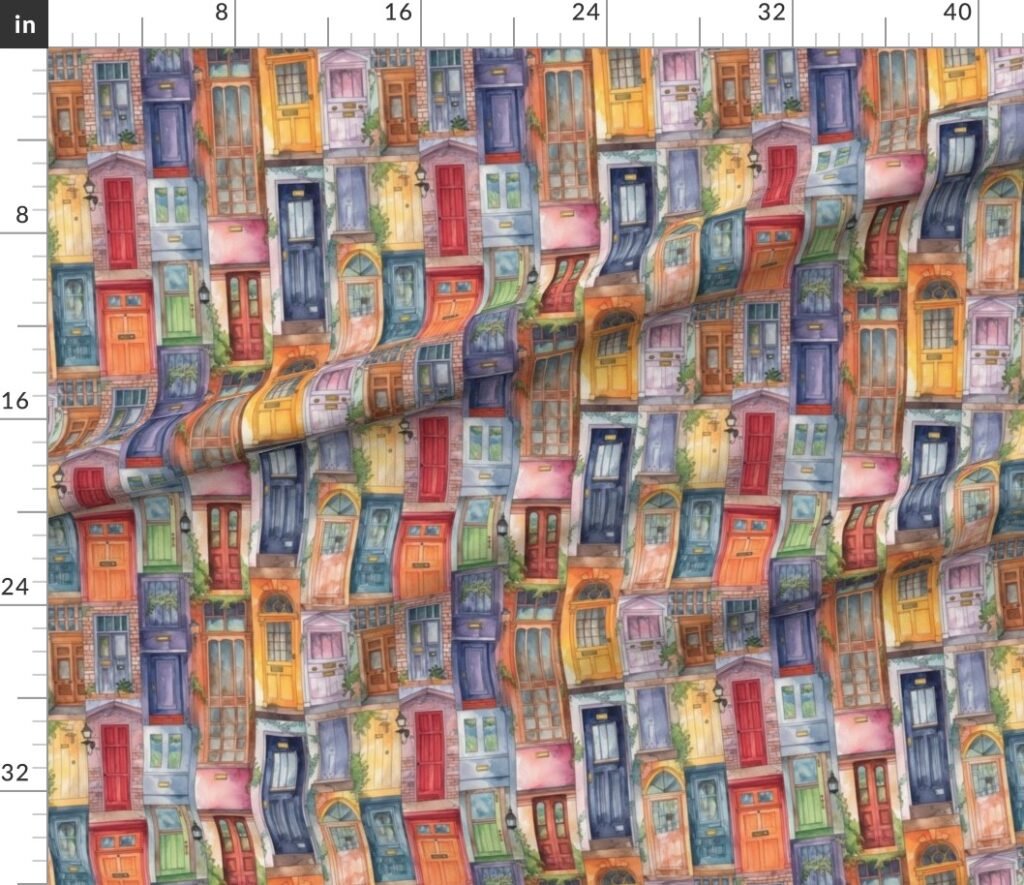 Architectural Doors in Multicolor Watercolors Fabric design