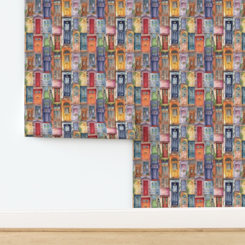 Architectural Doors in Multicolor Watercolors Wallpaper design