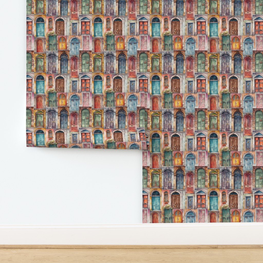 Architectural Doors in Multicolor Watercolors Wallpaper design