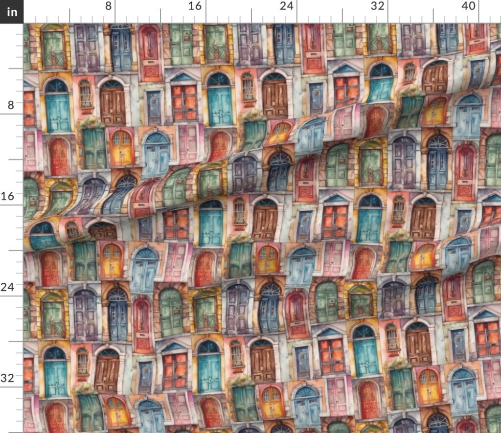Architectural Doors in Multicolor Watercolors Fabric design