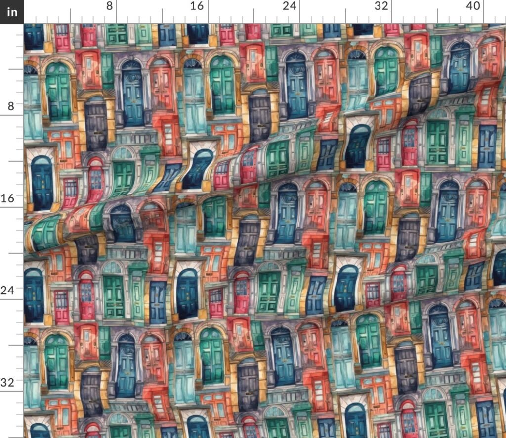 Architectural Doors in Multicolor Watercolors Fabric design