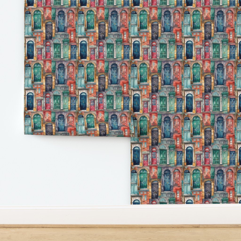Architectural Doors in Multicolor Watercolors Wallpaper design