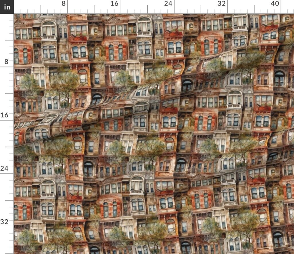 Brownstone Buildings in Varied Tones of Brown Watercolor Fabric design