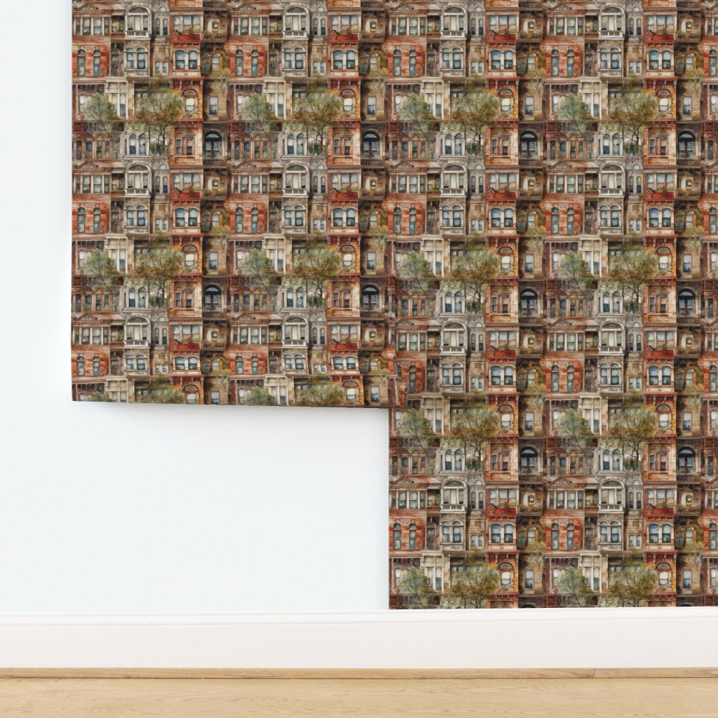 Brownstone Buildings in Varied Tones of Brown Watercolor Wallpaper design
