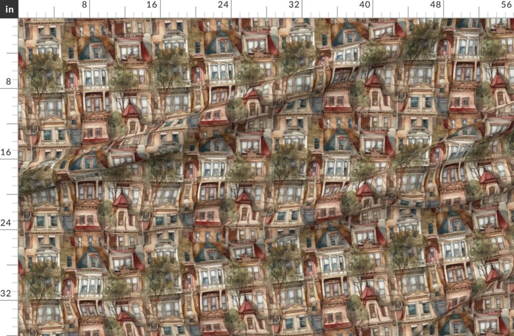Brownstone Buildings in Varied Tones of Brown Watercolor Fabric design