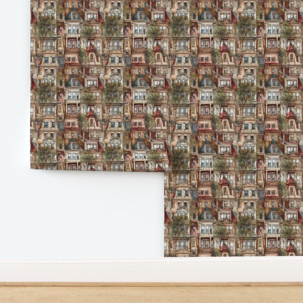 Brownstone Buildings in Varied Tones of Brown Watercolor Wallpaper design