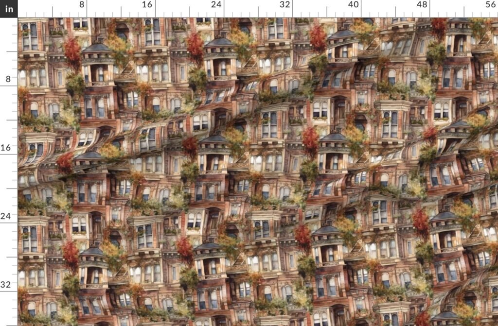 Brownstone Buildings in Varied Tones of Brown Watercolor Fabric design