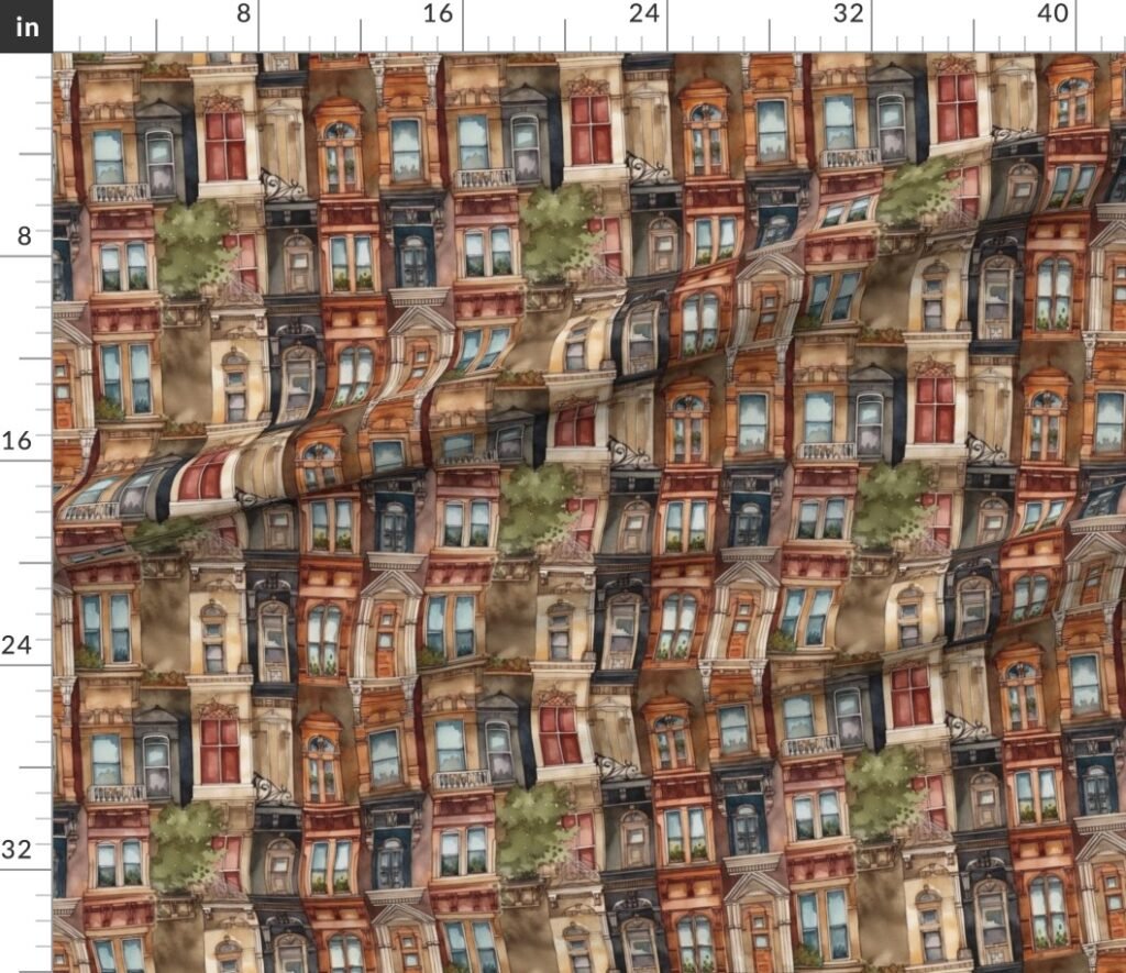Brownstone Buildings in Varied Tones of Brown Watercolor Fabric design