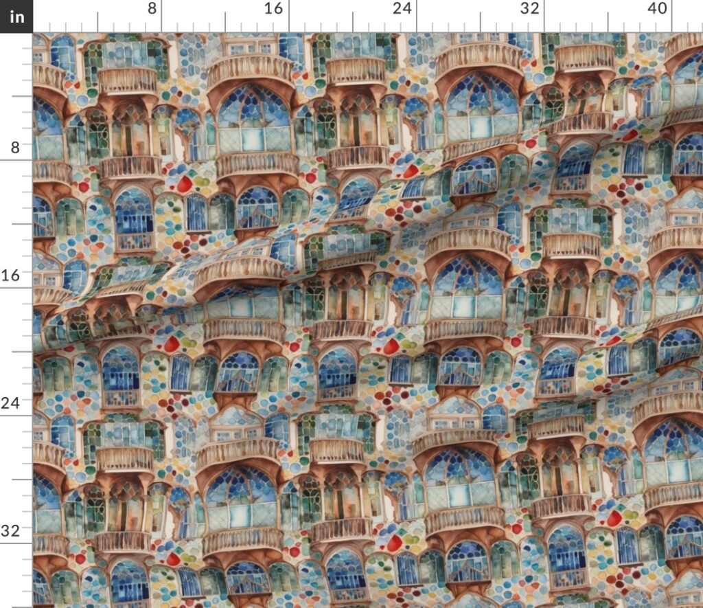Barcelona House Architectural Detail in Windows Columns Arches Fabric design