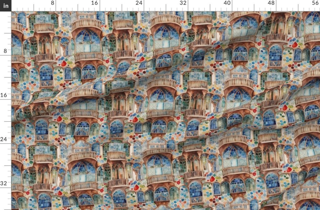 Barcelona House Architectural Detail in Windows Columns Arches Fabric design