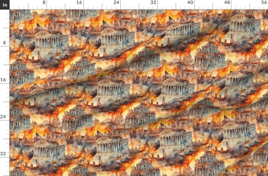 Roman Antiquity City of Pompeii in Volcanic Fire Eruption Fabric design