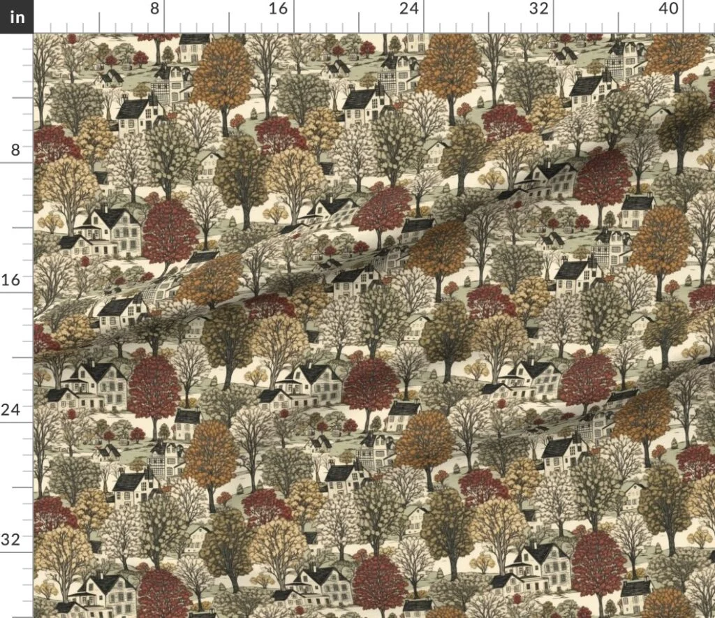 New England Village Houses with Trees in Muted Colors Fabric design