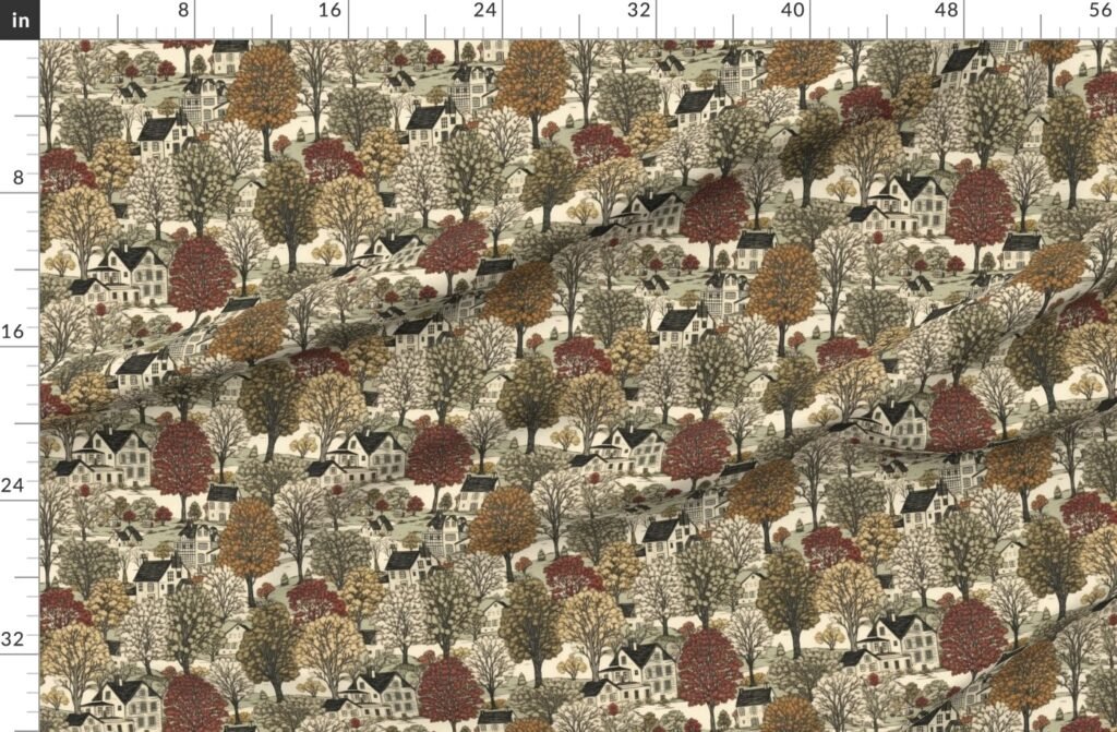 New England Village Houses with Trees in Muted Colors Fabric design