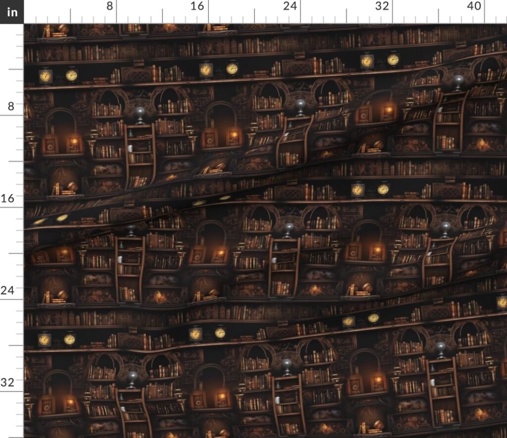 Spooky Photo realisticSmall Dark Academia Stampunk Bookshelves in Fabric design