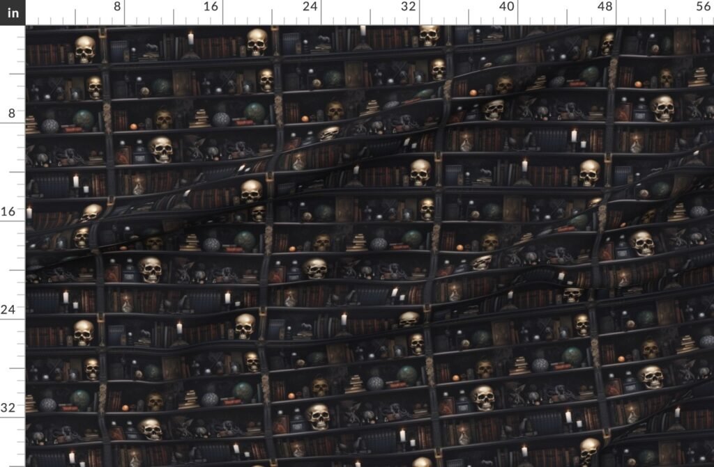 Small Spooky Photo realistic Dark Academia Bookshelves in Muted Fabric design
