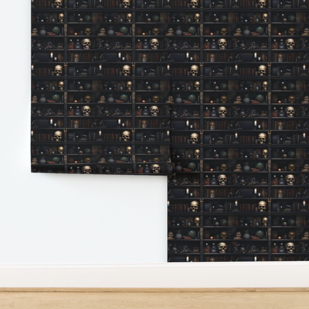 Small Spooky Photo realistic Dark Academia Bookshelves in Muted Wallpaper design