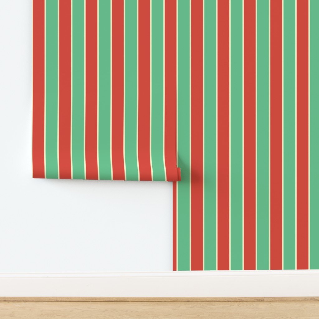 3 Inch Red Vermillion Green and Yellow Gold Vintage Christmas Stripe Wallpaper design