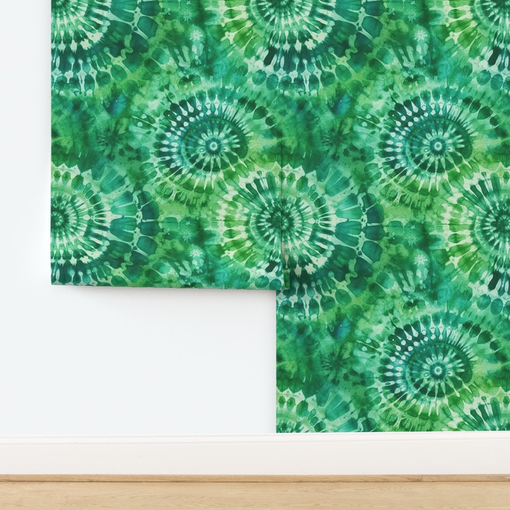 Jumbo Tie Dye Batik in Bright Green Circling Swirls on Teal Wallpaper design