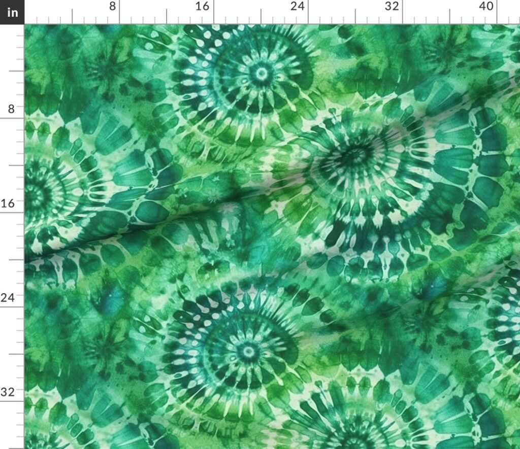 Jumbo Tie Dye Batik in Bright Green Circling Swirls on Teal Fabric design