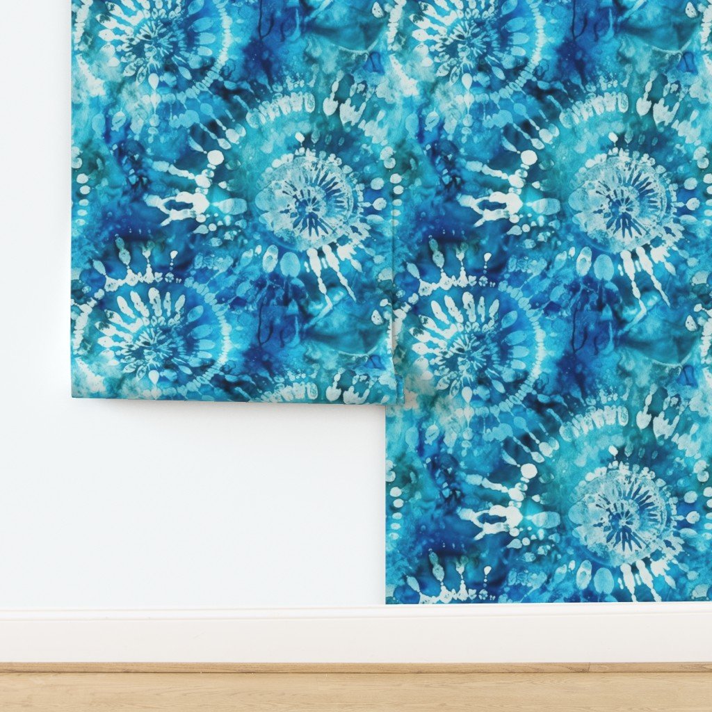 Jumbo Tie Dye Batik in Bright Blue Circling Swirls on Teal Wallpaper design