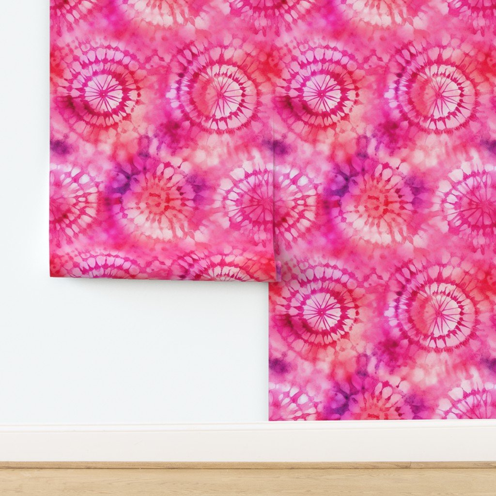 Jumbo Tie Dye Reddish Pink and Purple Circling Swirls Wallpaper design