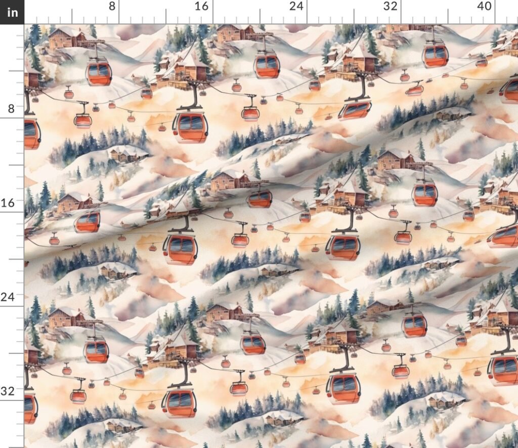 Vintage Ski Slope Cabins in Soft Pastels Fabric design