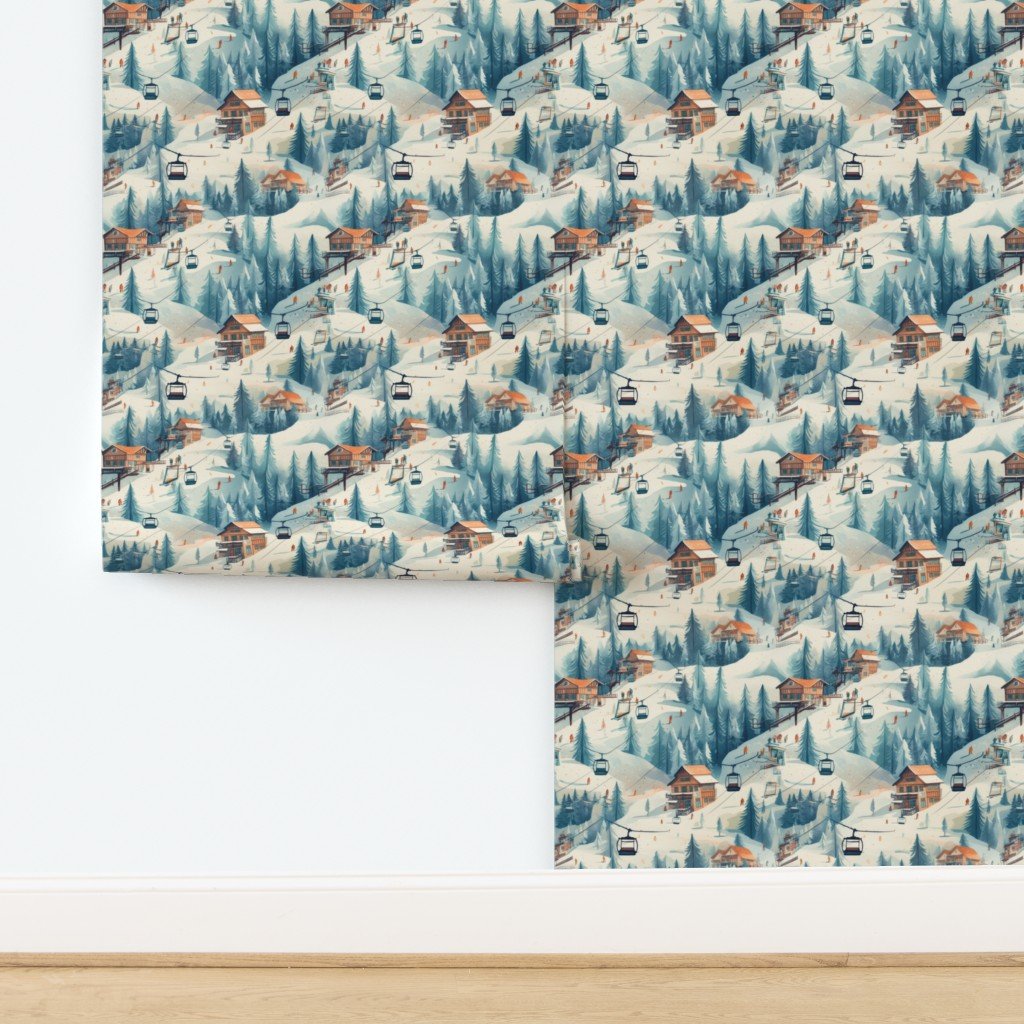Vintage Ski Slope Cabins in Blue Woods Wallpaper design