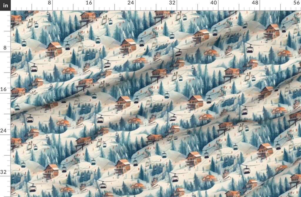Vintage Ski Slope Cabins in Blue Woods Fabric design
