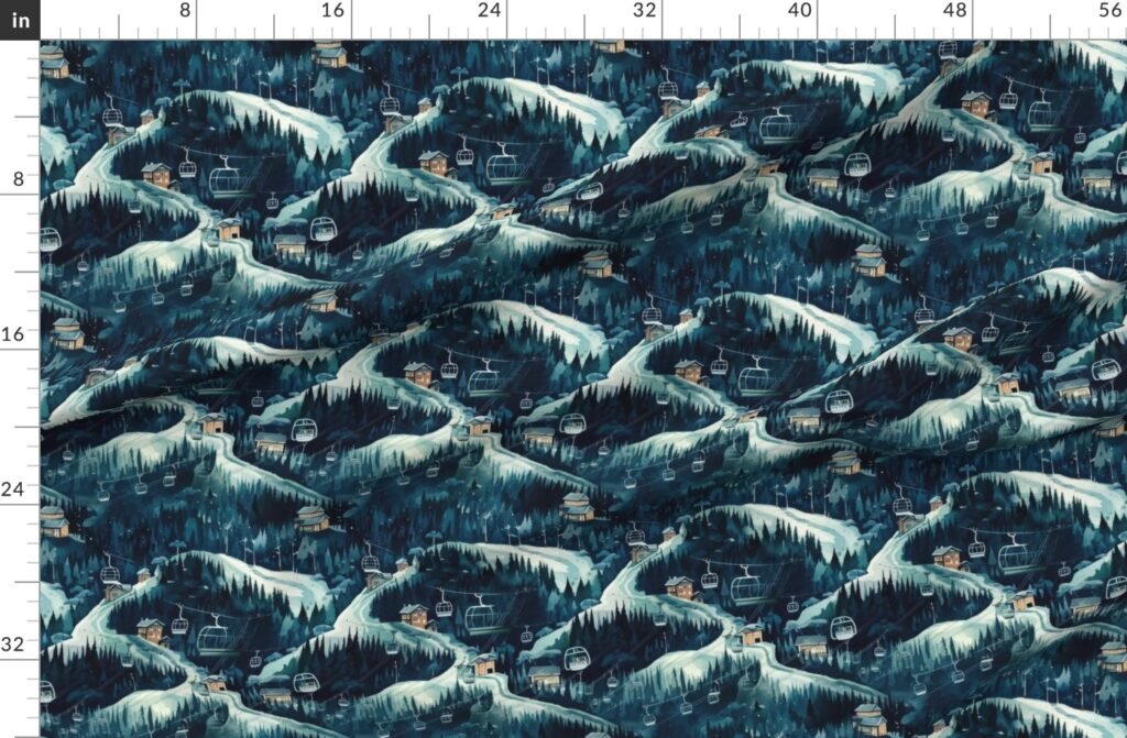 Vintage Ski Slope Cabins in Night Woods Blue Fabric design