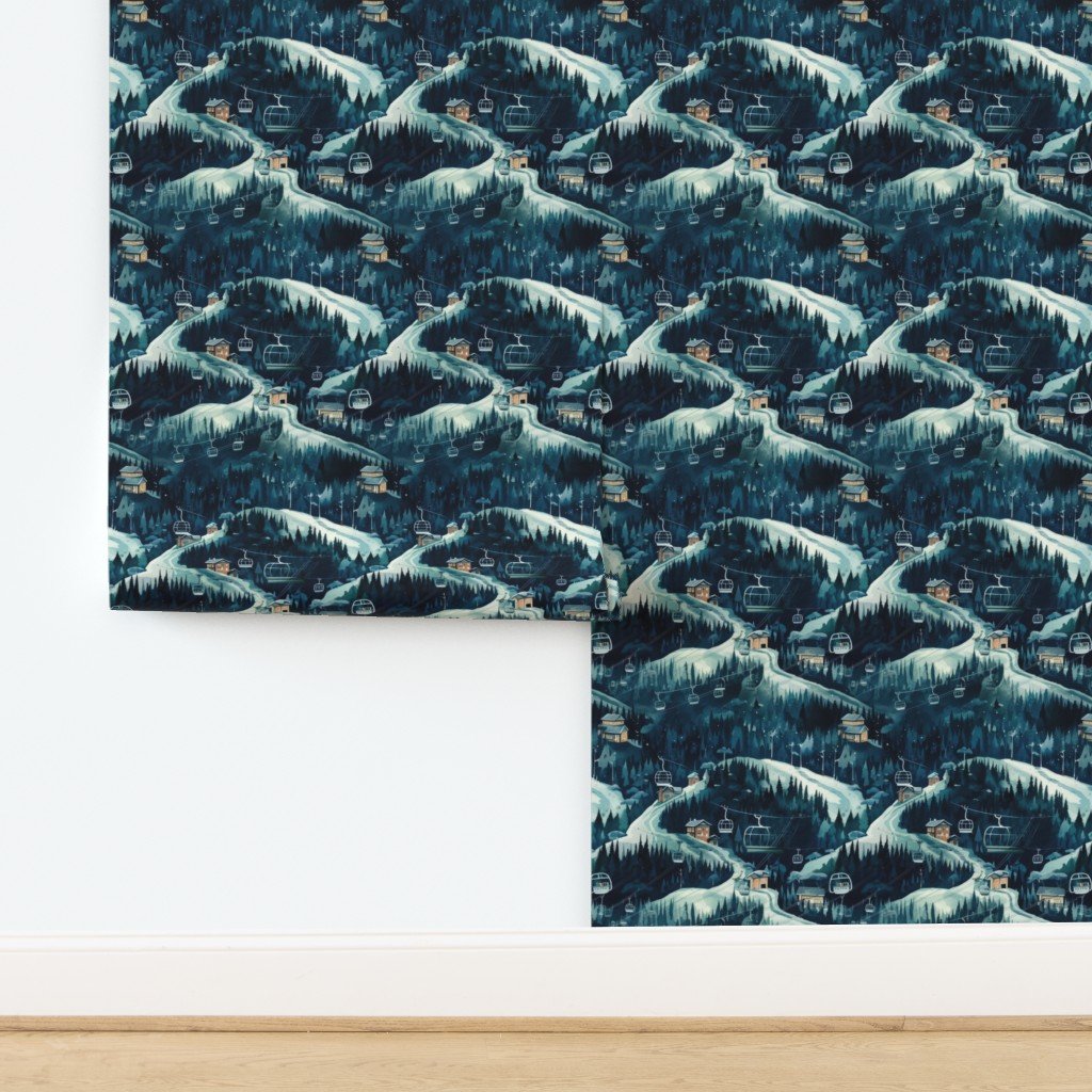 Vintage Ski Slope Cabins in Night Woods Blue Wallpaper design