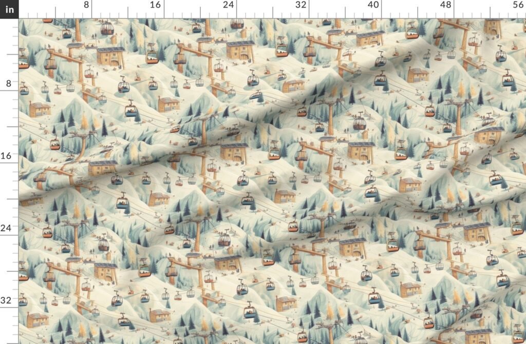 Vintage Ski Slope Cabins in Soft Pastels Fabric design
