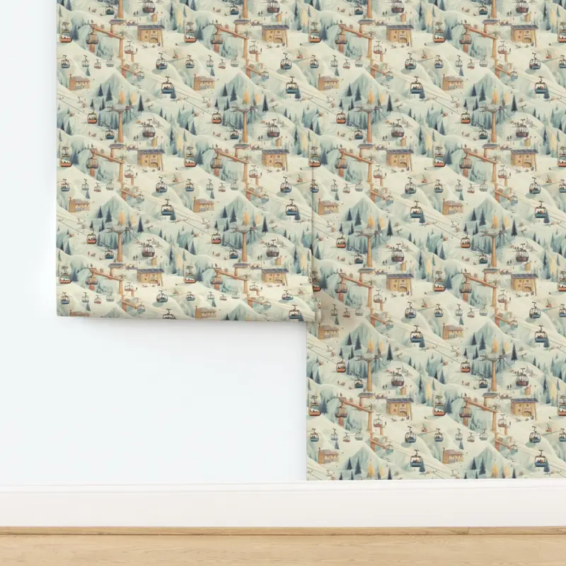 Vintage Ski Slope Cabins in Soft Pastels Wallpaper design