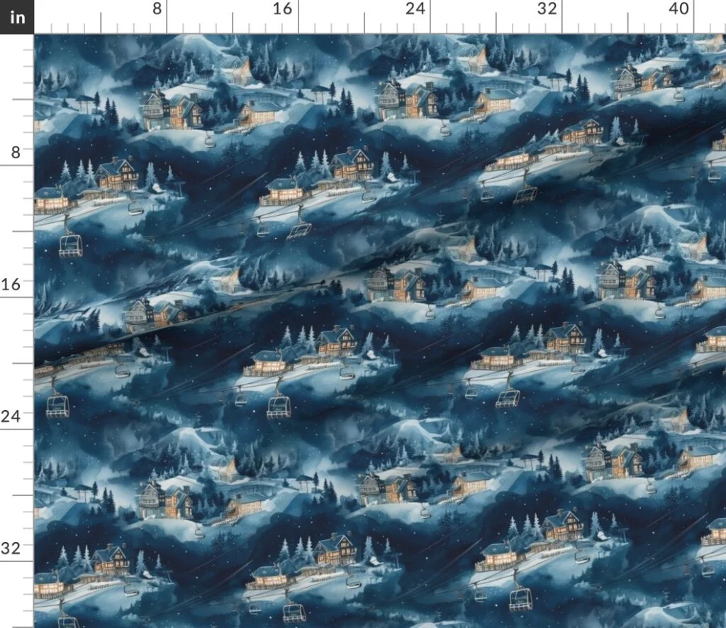 Charming vintage print of ski slope in blue at night Fabric design